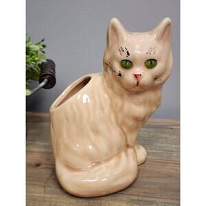 Vintage Brush McCoy Beautiful Sitting Cat Planter Green Eyes 5.5”